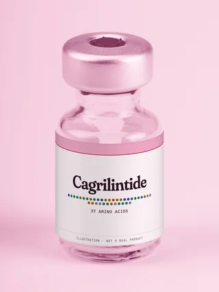 Illustration: a glass vial with a pink label reading Cagrilintide