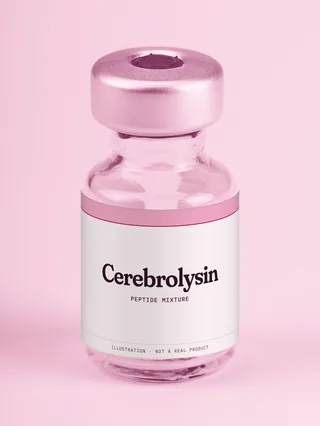 Illustration: a glass vial with a pink label reading Cerebrolysin
