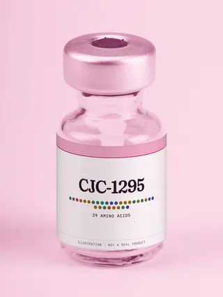 Illustration: a glass vial with a pink label reading CJC-1295