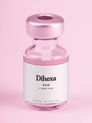 Illustration: a glass vial with a pink label reading Dihexa