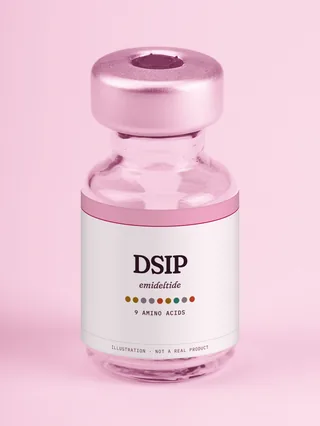 Illustration: a glass vial with a pink label reading DSIP