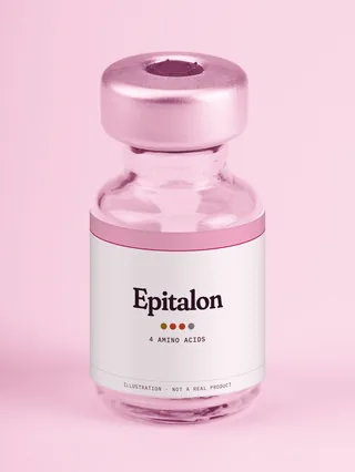 Illustration: a glass vial with a pink label reading Epitalon