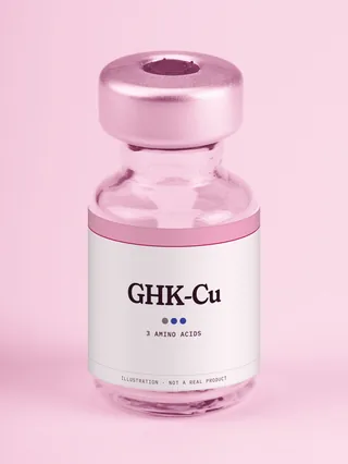 Illustration: a glass vial with a pink label reading GHK-Cu