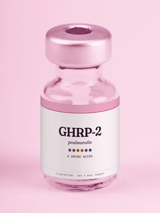 Illustration: a glass vial with a pink label reading GHRP-2