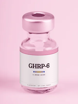 Illustration: a glass vial with a pink label reading GHRP-6