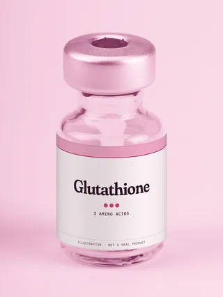 Illustration: a glass vial with a pink label reading Glutathione