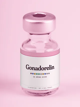 Illustration: a glass vial with a pink label reading Gonadorelin