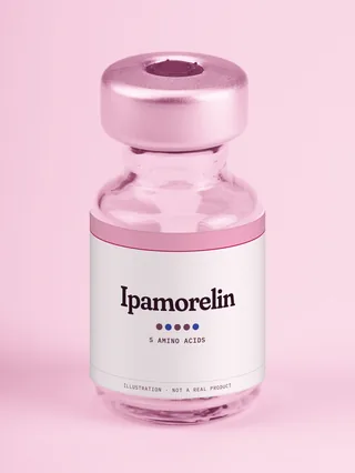 Illustration: a glass vial with a pink label reading Ipamorelin