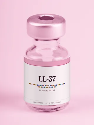 Illustration: a glass vial with a pink label reading LL-37