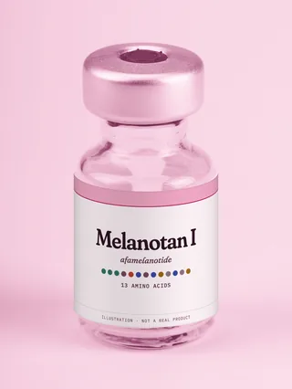 Illustration: a glass vial with a pink label reading Melanotan I