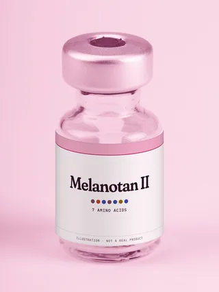 Illustration: a glass vial with a pink label reading Melanotan II
