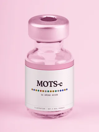 Illustration: a glass vial with a pink label reading MOTS-c