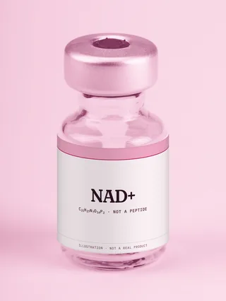 Illustration: a glass vial with a pink label reading NAD+