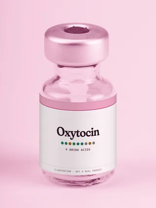 Illustration: a glass vial with a pink label reading Oxytocin