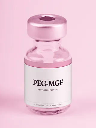 Illustration: a glass vial with a pink label reading PEG-MGF