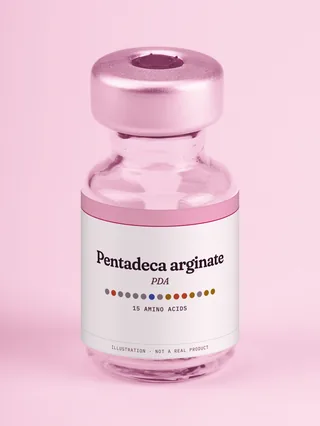 Illustration: a glass vial with a pink label reading Pentadeca arginate