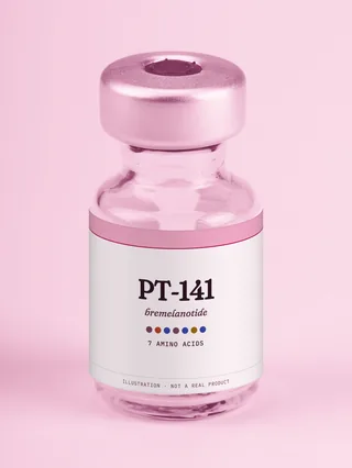 Illustration: a glass vial with a pink label reading PT-141