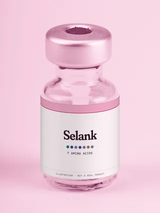 Illustration: a glass vial with a pink label reading Selank