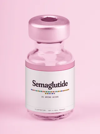 Illustration: a glass vial with a pink label reading Semaglutide