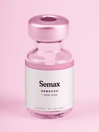 Illustration: a glass vial with a pink label reading Semax
