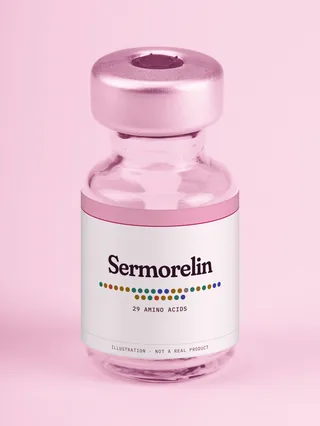 Illustration: a glass vial with a pink label reading Sermorelin