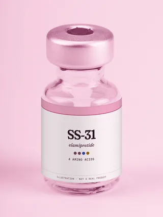 Illustration: a glass vial with a pink label reading SS-31