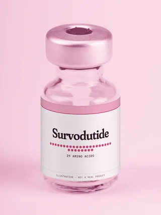 Illustration: a glass vial with a pink label reading Survodutide
