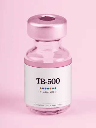 Illustration: a glass vial with a pink label reading TB-500