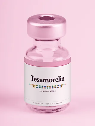 Illustration: a glass vial with a pink label reading Tesamorelin