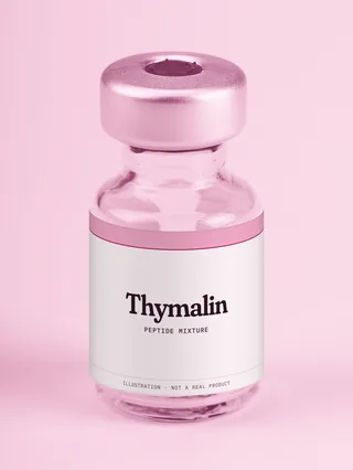 Illustration: a glass vial with a pink label reading Thymalin