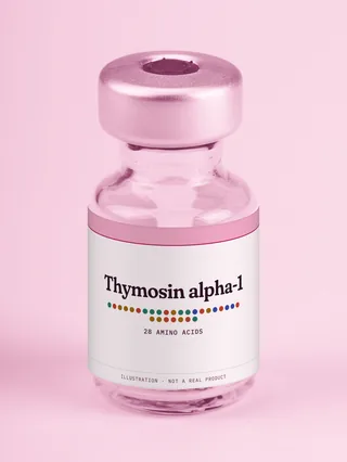 Illustration: a glass vial with a pink label reading Thymosin alpha-1